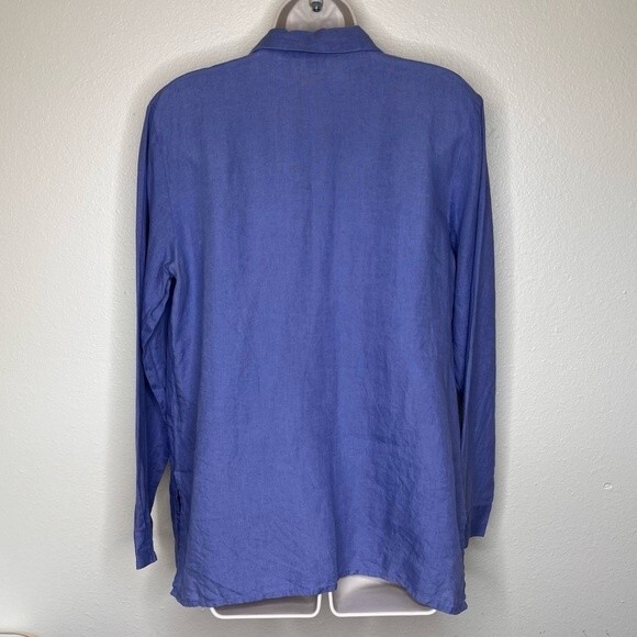 Vintage Malcolm and Co Irish Linen Embroidered Button Up Blue Shirt Women Large - Picture 6 of 12